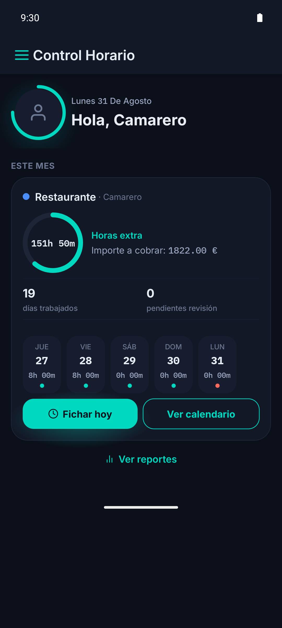 Dashboard de ControlHorario con el resumen del mes: horas extra, días trabajados y accesos para fichar y ver el calendario