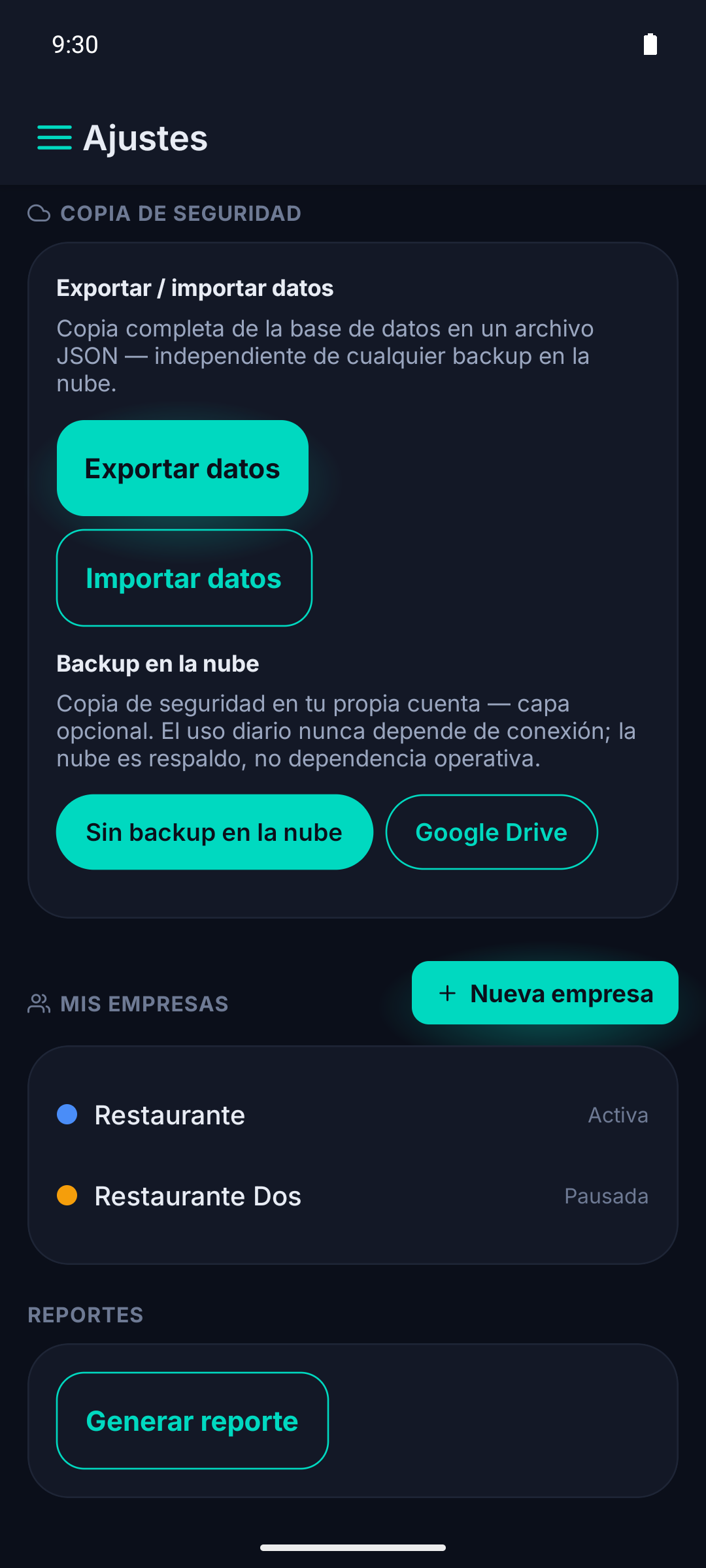 Pantalla de gestión de empresas, con una activa y otra pausada